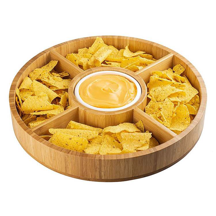 Wholesale Large Bamboo Decorative Appetizer Serving Dip Platters Round Bamboo Cheese Chips Tray With Dip Dish Wooden Round Tray