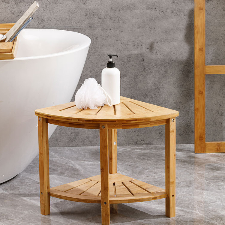 Waterproof Bath Bench Seat With Storage Shelf And Soap Dish Bamboo Corner Shower Stool For Shaving Legs Foot Rest