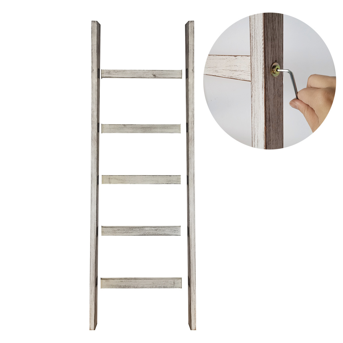 White Rustic Wooden Decorative Non-folding 5 Tier Storage Organization Towel Blanket Ladder Racks