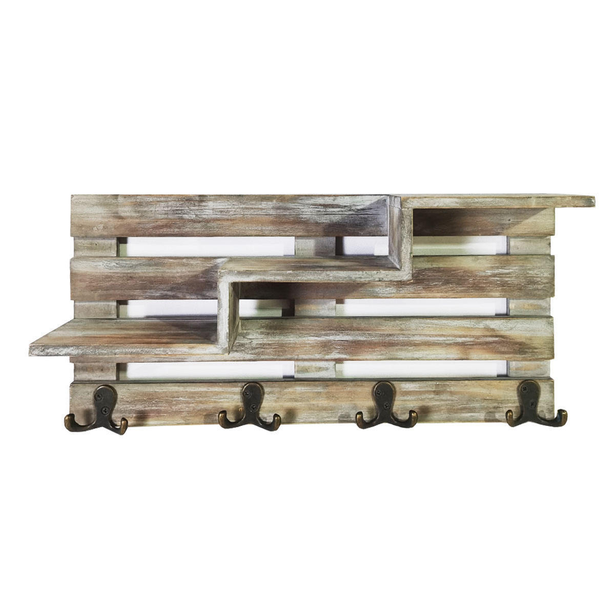 High Quality Country Style Shabby Chic Wooden Entryway Wall Shelf With 5 Rustic Coat Hooks Floating