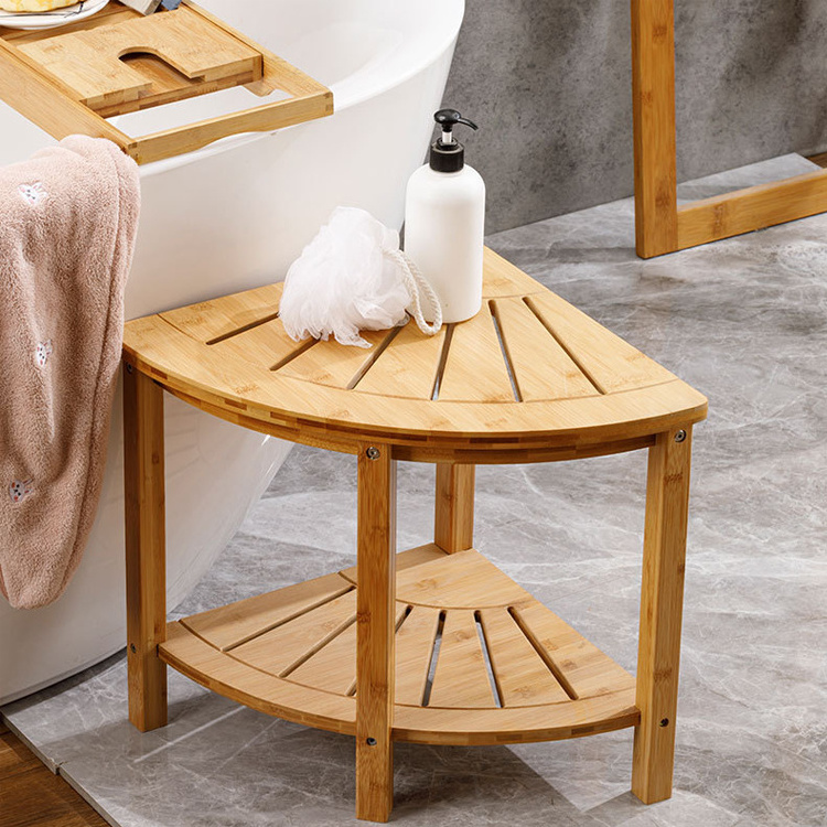 Waterproof Bath Bench Seat With Storage Shelf And Soap Dish Bamboo Corner Shower Stool For Shaving Legs Foot Rest