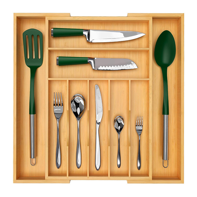 Kitchen Wood Bamboo Expandable Adjustable Cutlery Tray Drawer Organizer Cutlery Utensil Organizer