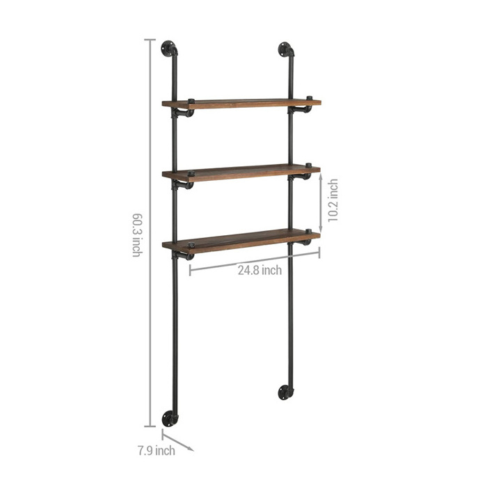 Wall Mounted Rustic Industrial Pipe Over-The-Toilet Storage Shelf with Burnt Solid Wood 3 Tier Display Shelves for Bathroom