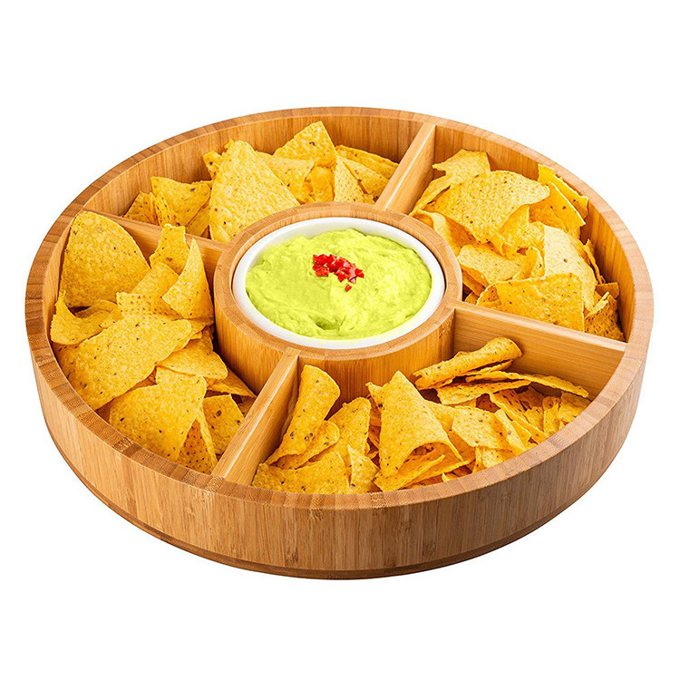 Wholesale Large Bamboo Decorative Appetizer Serving Dip Platters Round Bamboo Cheese Chips Tray With Dip Dish Wooden Round Tray