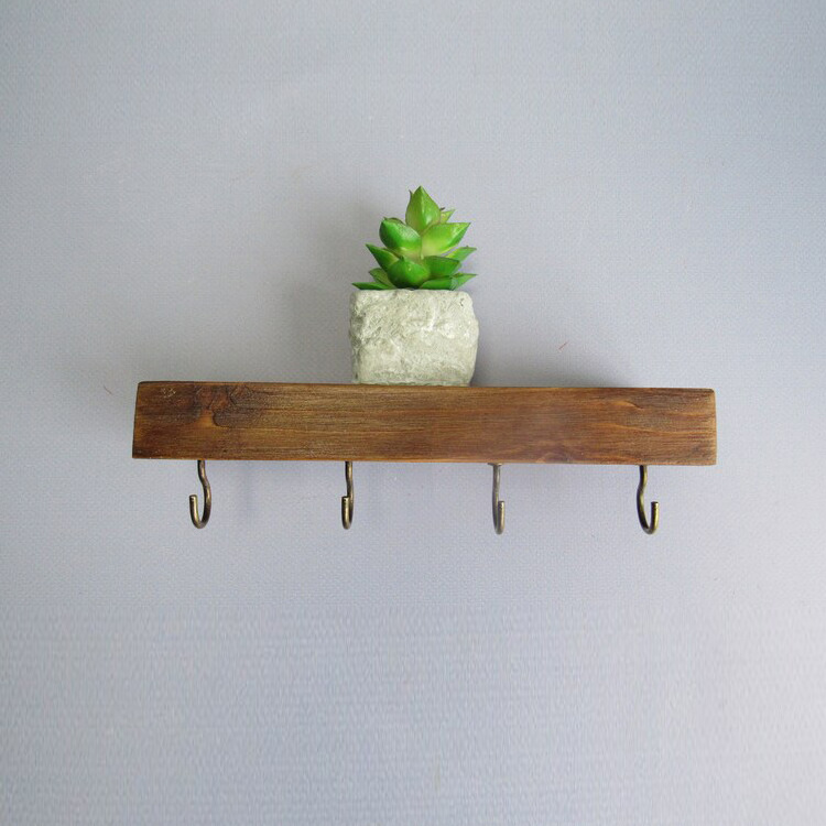 Good Product Floating Wall Shelf With Hooks Entry Storage Shelf With Rustic Match With Metal Key Hook Brown Color