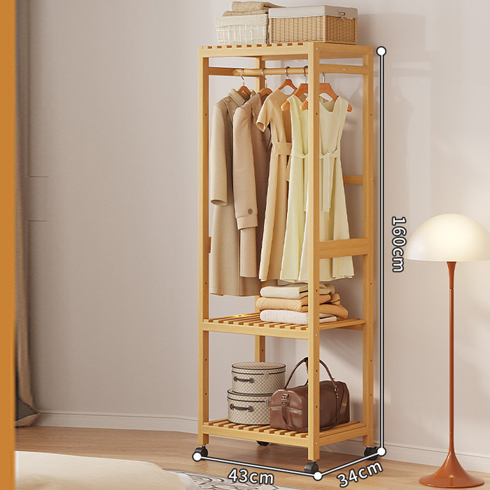 Simple Design 3 Layer Free Standing Clothes Hanger Wardrobe Wheel Hook Storage Clothes Rack