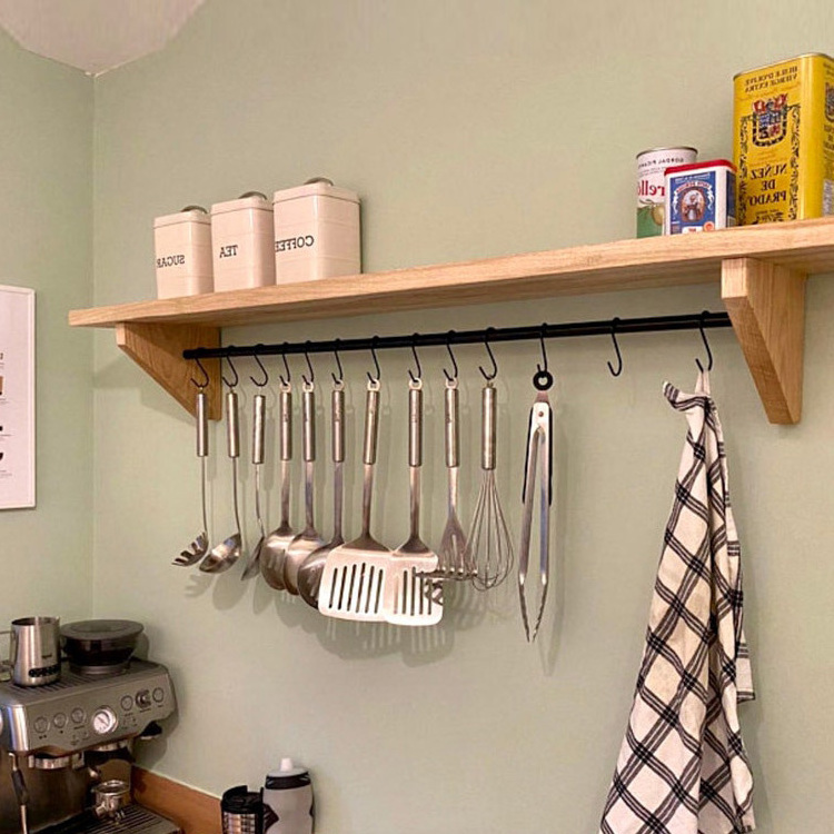 Traditional Solid oak kitchen shelf  kitchen shelf with black metal pole and hooks Wood Floating Shelves With Towel Holder