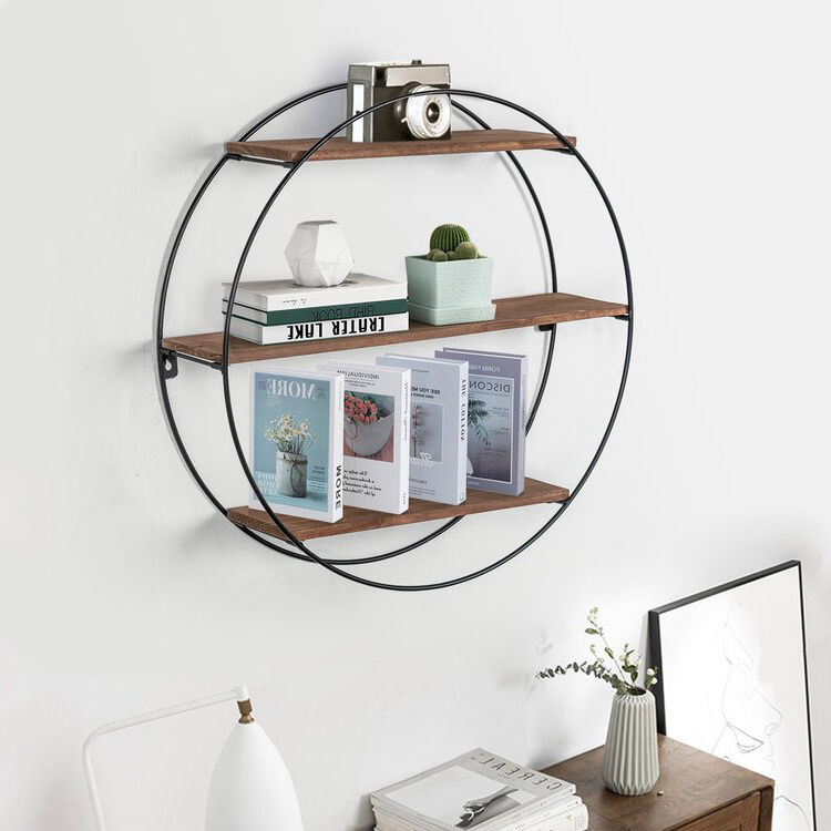 Nordic Living Room Furniture Mounted Floating Round Wall Shelves Storage Wood and Metal Circular Wall Shelf