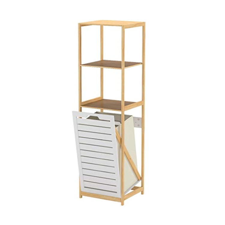 Bamboo Hamper Storage 3 Tier Shelves Household 3 Compartment Essentials With Tilt-out Laundry Basket Standing Slim