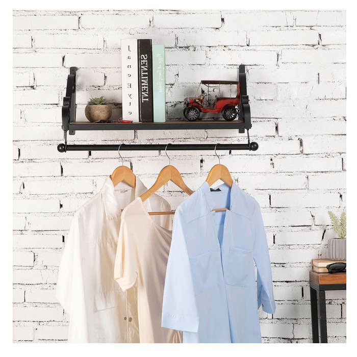 Wholesale Wholesale Wood Wrought Iron Bathroom Towel Wall Shelf Floating Hanger Rack Wall Hook Hanger For Daily Clothes Hanger