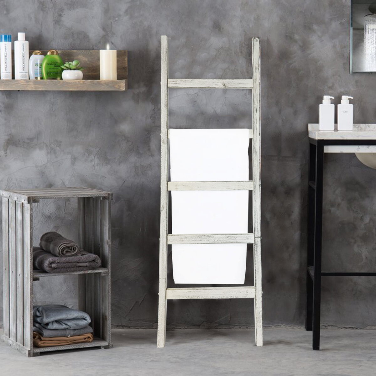 White Rustic Wooden Decorative Non-folding 5 Tier Storage Organization Towel Blanket Ladder Racks