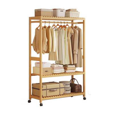 Multifunctional Bedroom Hanging Clothing Garment Coat Wardrobe Rack Organizer Hat Tree 3 Layers Storage Shelves With Wheels