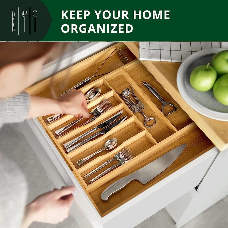 Kitchen Wood Bamboo Expandable Adjustable Cutlery Tray Drawer Organizer Cutlery Utensil Organizer