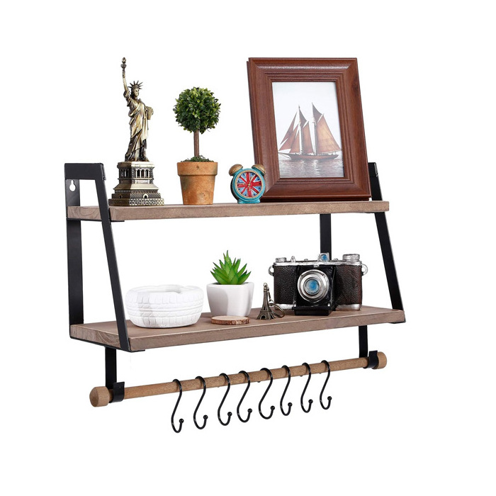 Bathroom Towel Rack Floating Wall Mounted Display Storage 2 Tiers Wood Shelves