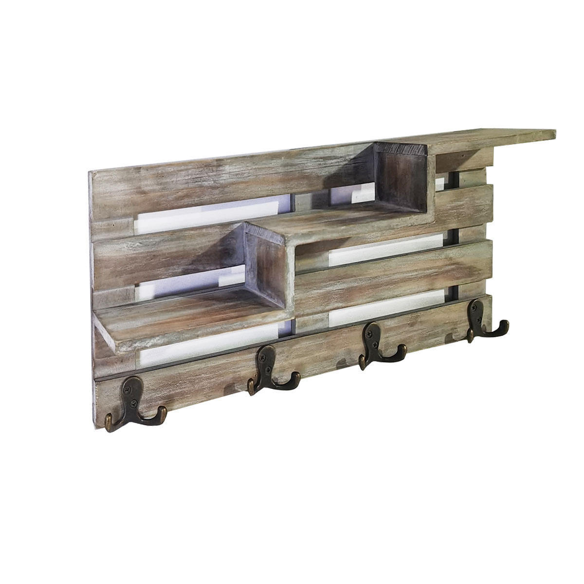 High Quality Country Style Shabby Chic Wooden Entryway Wall Shelf With 5 Rustic Coat Hooks Floating