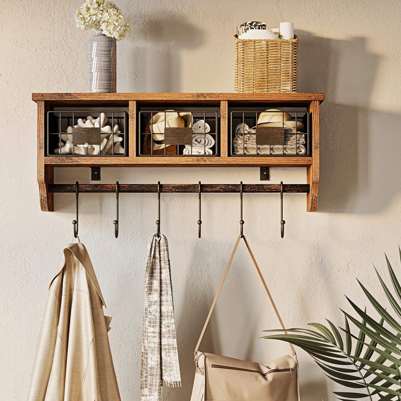 2023 Retro Country Style Wooden Wall Hanging Shelf Storage With Hooks Multi-function And Multi-scene Use