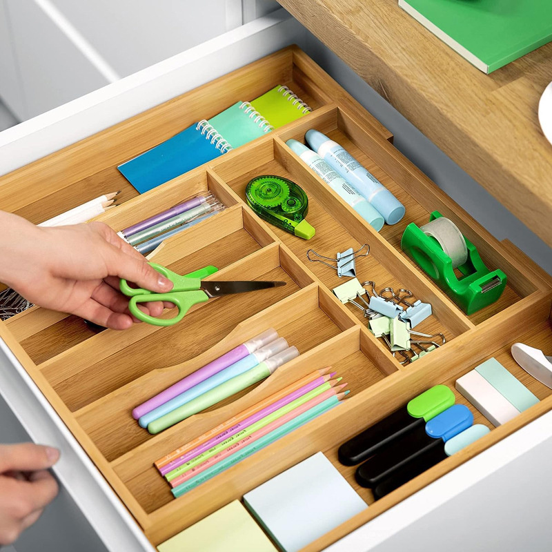 Kitchen Wood Bamboo Expandable Adjustable Cutlery Tray Drawer Organizer Cutlery Utensil Organizer