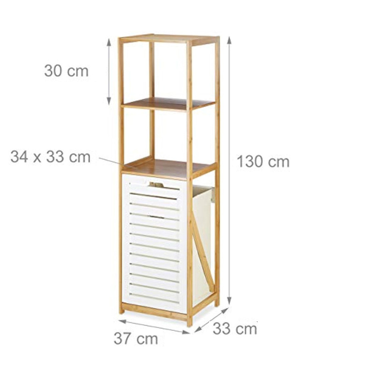 Bamboo Hamper Storage 3 Tier Shelves Household 3 Compartment Essentials With Tilt-out Laundry Basket Standing Slim