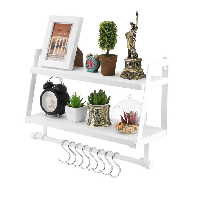 Bathroom Towel Rack Floating Wall Mounted Display Storage 2 Tiers Wood Shelves