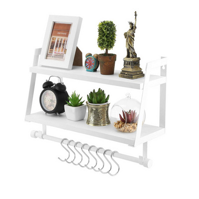 Bathroom Towel Rack Floating Wall Mounted Display Storage 2 Tiers Wood Shelves