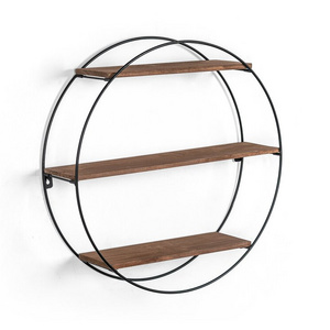 Nordic Living Room Furniture Mounted Floating Round Wall Shelves Storage Wood and Metal Circular Wall Shelf