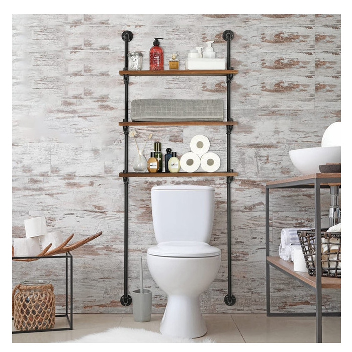 Wall Mounted Rustic Industrial Pipe Over-The-Toilet Storage Shelf with Burnt Solid Wood 3 Tier Display Shelves for Bathroom