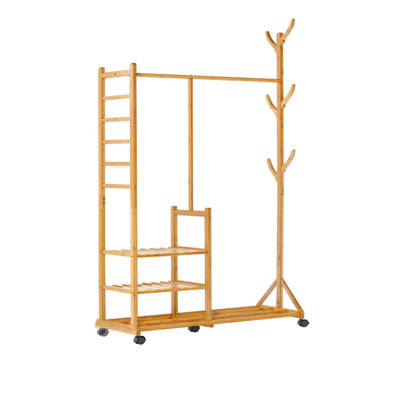 On Wheels Free Standing Bamboo Clothes Rails Coat Rack Garment Hanging Rails With 6 Hooks And 3 Shleves For Dress