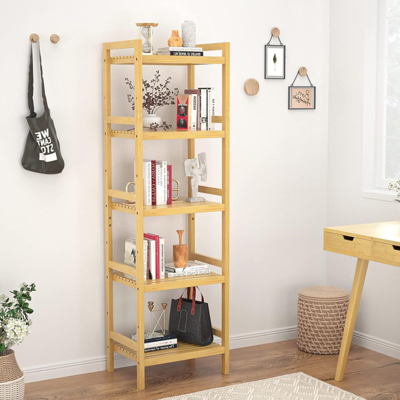 Factory Sale 5 Tiers Adjustable Tall Bookcase Book Shelf Rack Organizer Shelving Unit Free Standing Storage Bamboo Bookshelf