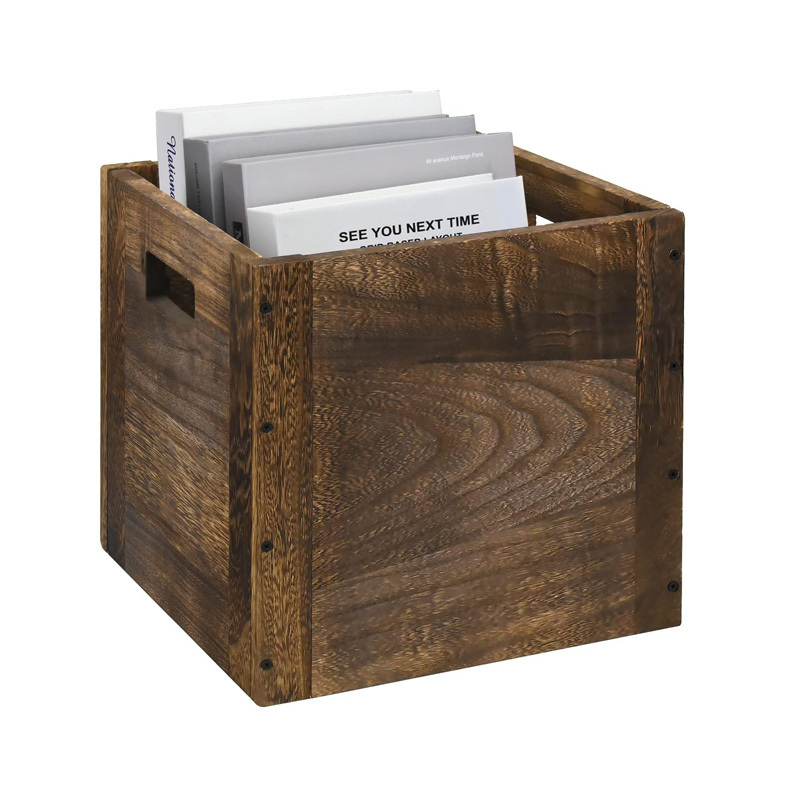 Wholesale Wood Decorative Storage Cube Boxes With Handles Rustic Brown Large Storage Baskets For Shelves