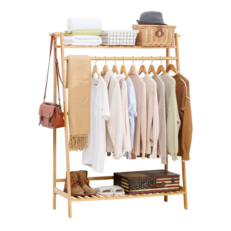 Good Quality Bamboo Garment Coat Clothes Hanging Heavy Duty Rack With Top Shelf And Shoe Clothing Storage Organizer Shelves