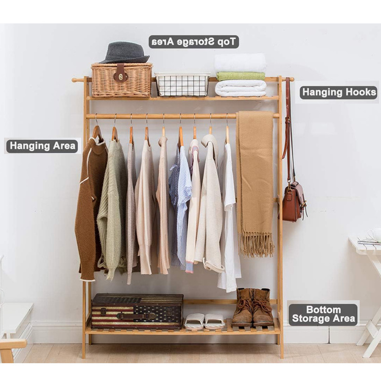 Good Quality Bamboo Garment Coat Clothes Hanging Heavy Duty Rack With Top Shelf And Shoe Clothing Storage Organizer Shelves