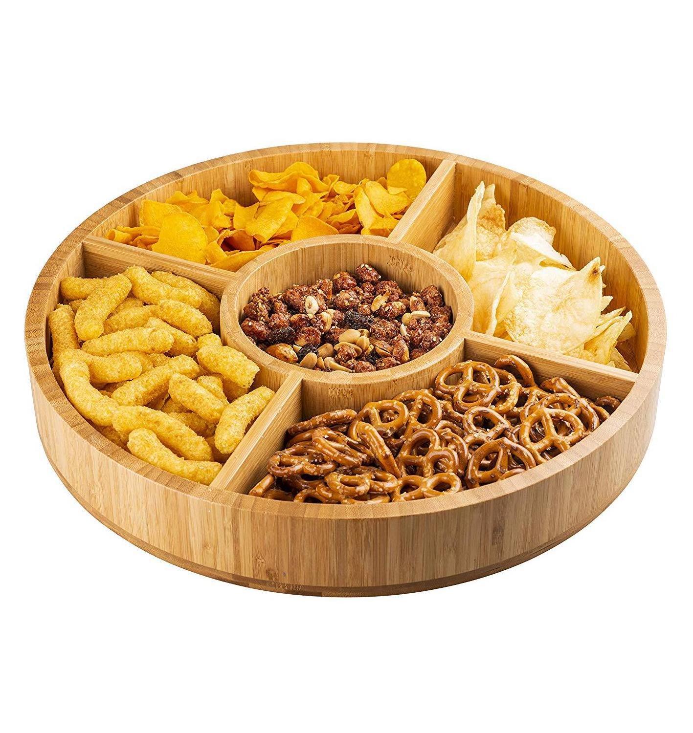 Wholesale Large Bamboo Decorative Appetizer Serving Dip Platters Round Bamboo Cheese Chips Tray With Dip Dish Wooden Round Tray