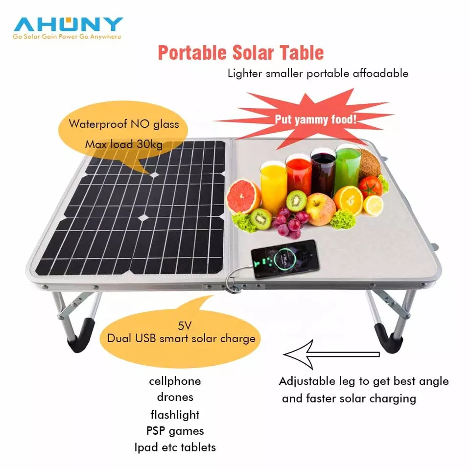 55w 18v Portable Foldable Solar Table Aluminum Fishing Table Dual Usb Charge Flashlight Charging Camping Outdoor Picnic