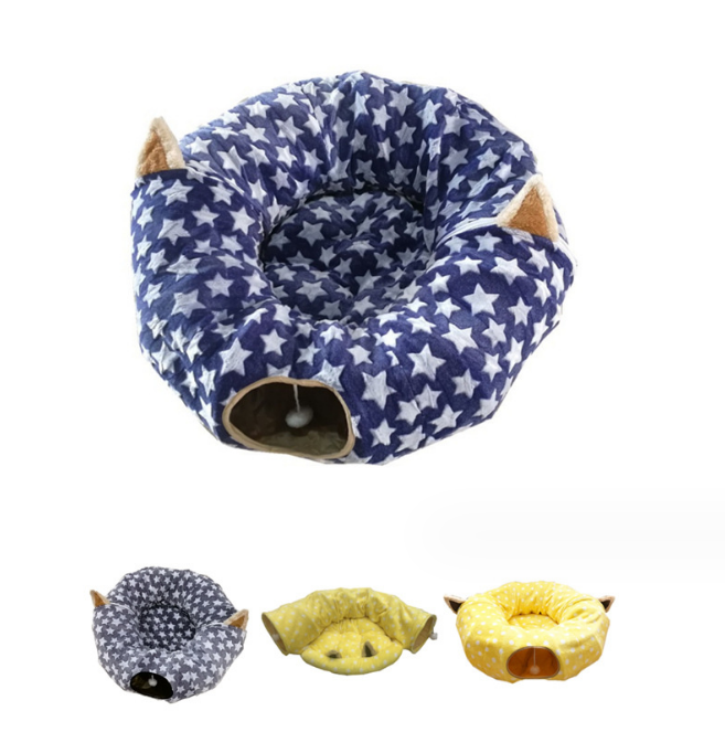 Cat Dog Tunnel Bed with Cushion Tube Toys Plush Large Diameter Longer Crinkle Collapsible 3 Way for Large Cats