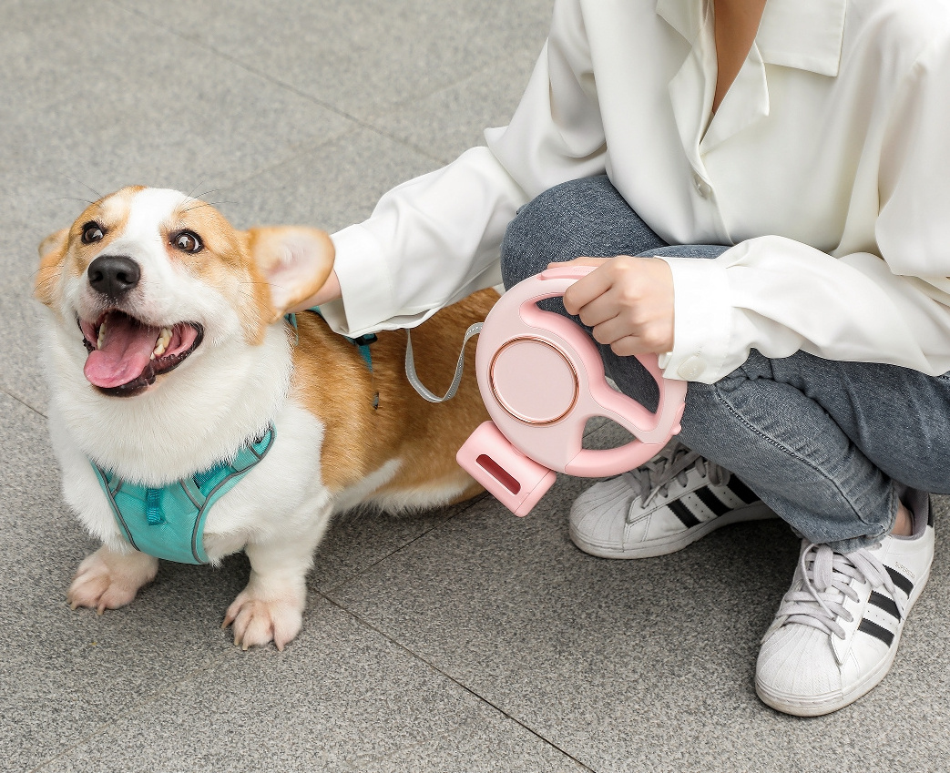 New Design Pet Retractable Leash Flexible Rope LED Light Leash Suitable for All Size Dogs with Poop Bag Dispenser