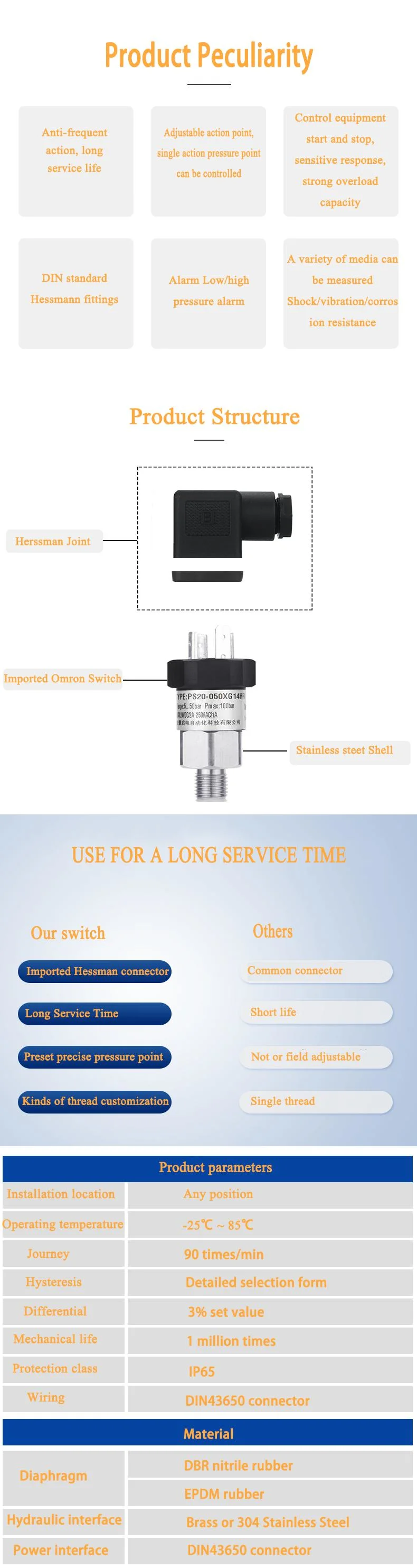 0-400bar standard mechanical pressure sensor switch for pneumatic hydraulic oil water diaphragm piston pressure control