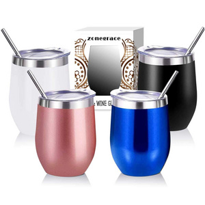 12oz Vacuum Insulated Travel Wine Glasses Stainless Steel Sublimation Stemless Wine Tumbler with Sliding Lids and Straws