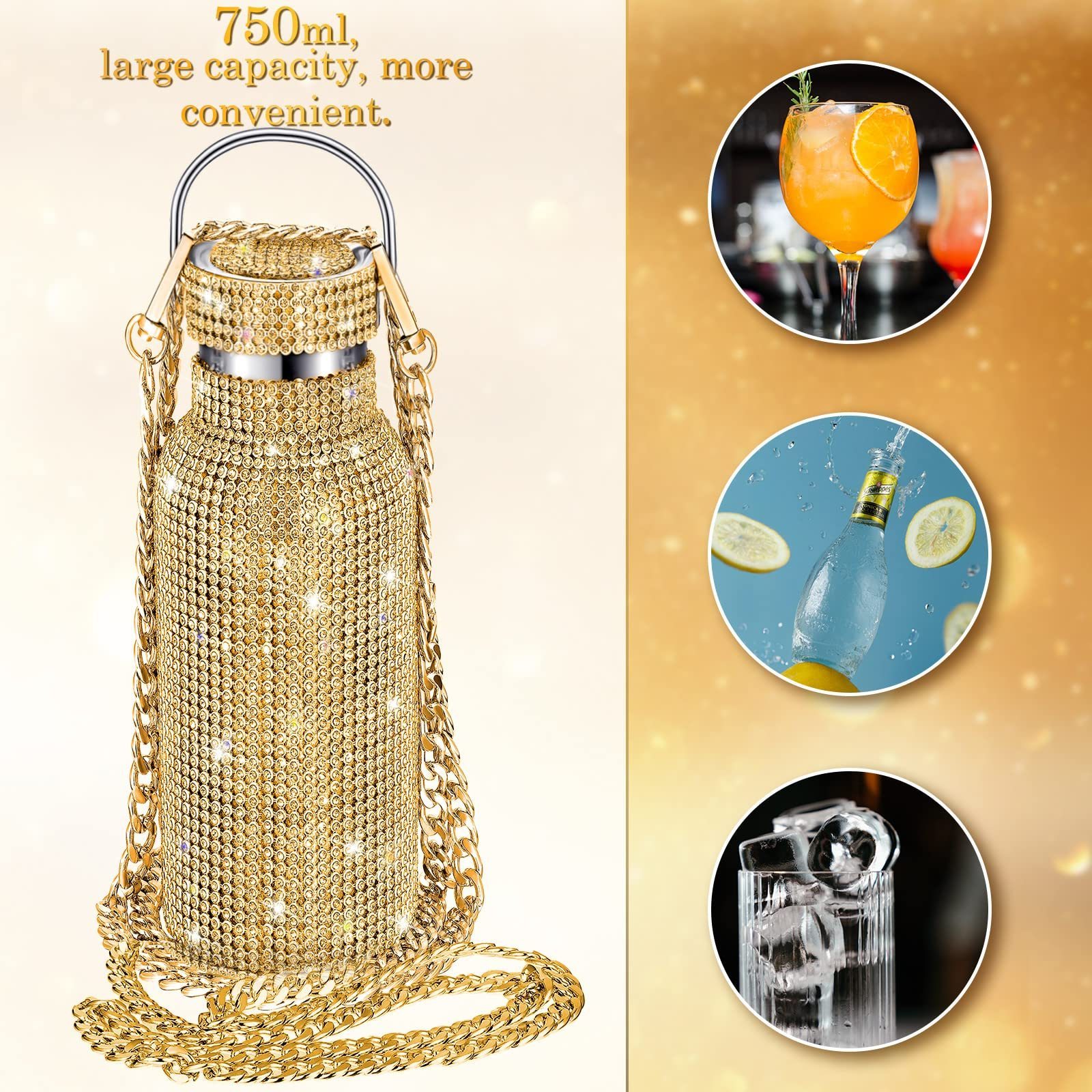 Creative Portable Handle Rhinestone Diamond Bling Bling 304 Stainless Steel Vacuum Thermos Water Bottle