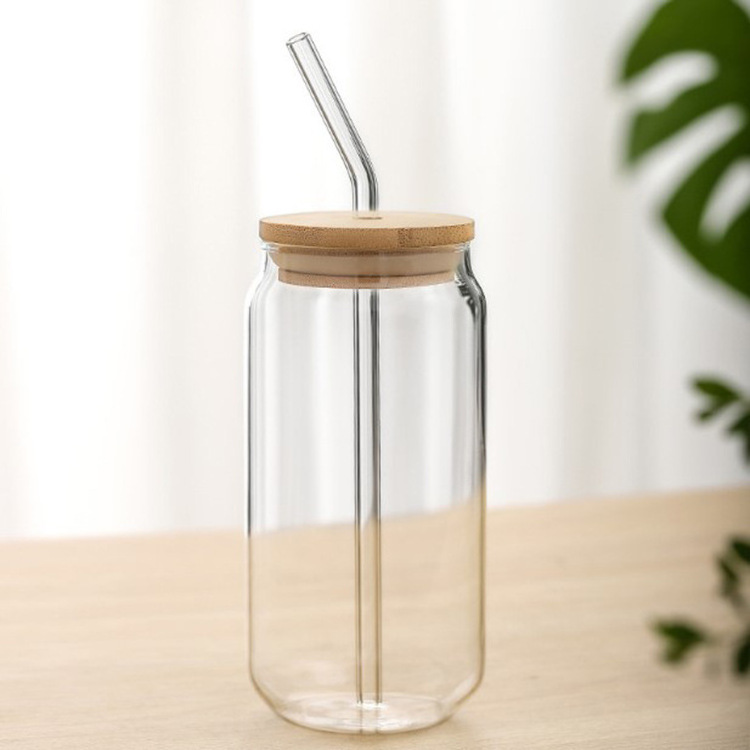 Beer Can Glass with Bamboo Lids and Glass Straws 4 Pack 16oz Drinking Glasses with Lids and Straws Can Shaped Glass Cups