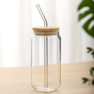 Beer Can Glass with Bamboo Lids and Glass Straws 4 Pack 16oz Drinking Glasses with Lids and Straws Can Shaped Glass Cups