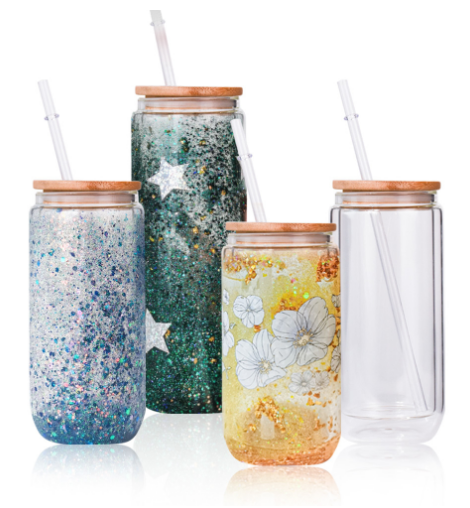 20oz Usa Warehouse Double Walled Glass Tumbler With Bamboo Lid And Straw For Sublimation Printing For Diy Snow Globe