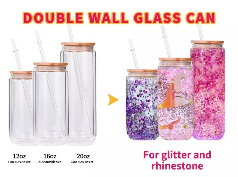 DIY Blank Can Mug 12 16 20oz Sublimation Double Wall High Borosilicate Glass Cup