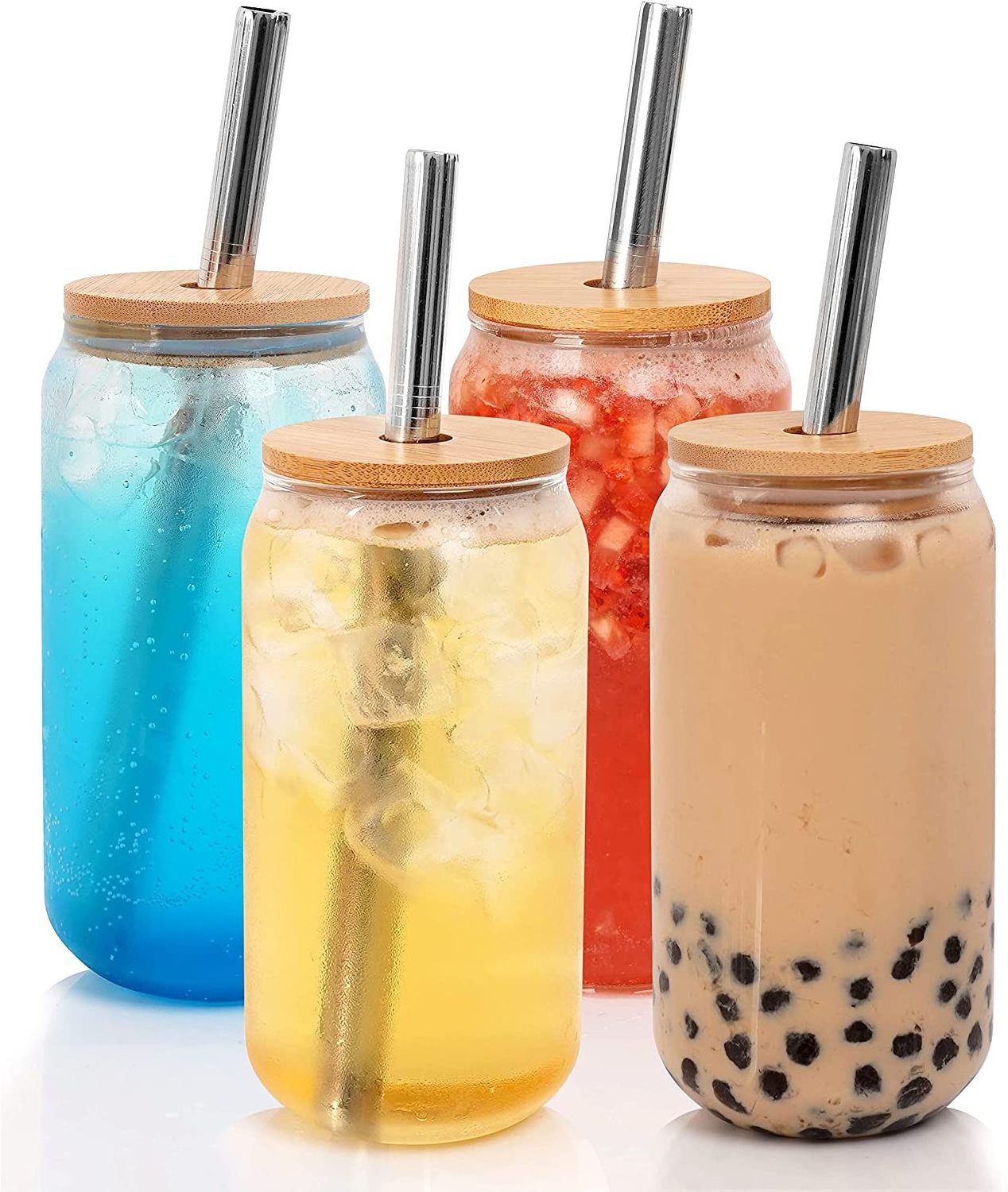 Beer Can Glass with Bamboo Lids and Glass Straws 4 Pack 16oz Drinking Glasses with Lids and Straws Can Shaped Glass Cups