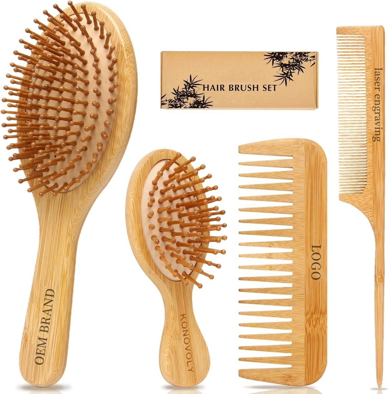 Custom Logo 4 Piece Bamboo Hair Brush and Comb Set Paddle Detangling Hairbrush Natural Wide-tooth and tail comb