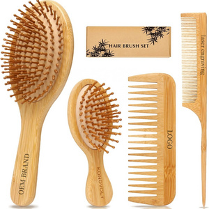 Custom Logo 4 Piece Bamboo Hair Brush and Comb Set Paddle Detangling Hairbrush Natural Wide-tooth and tail comb