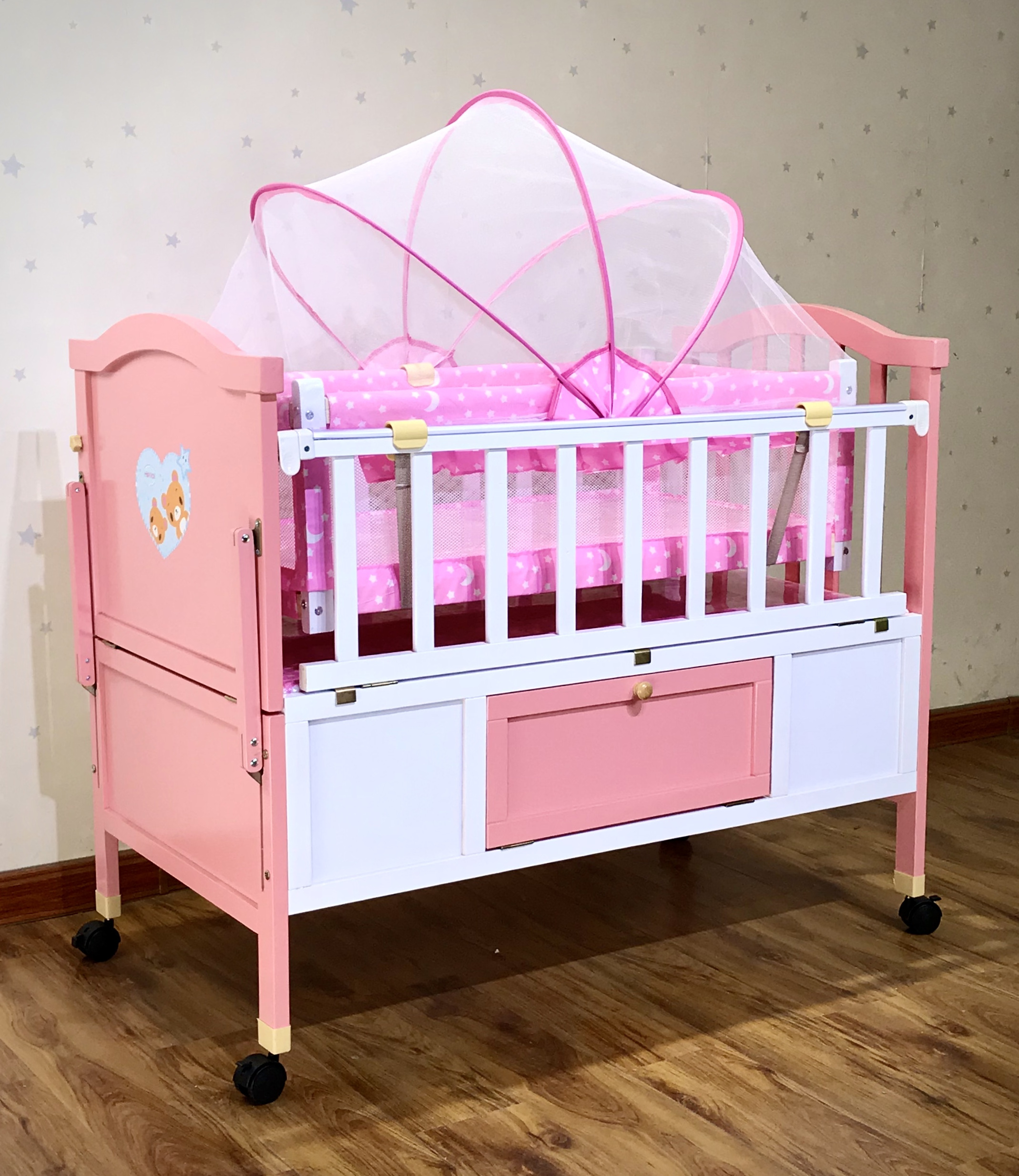 Custom kid Wooden Baby Crib wholesale Wheels Removable Baby Swing baby cot