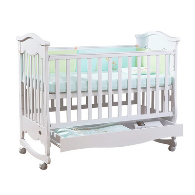 European white solid wooden bed cradle baby swing with storage drawers