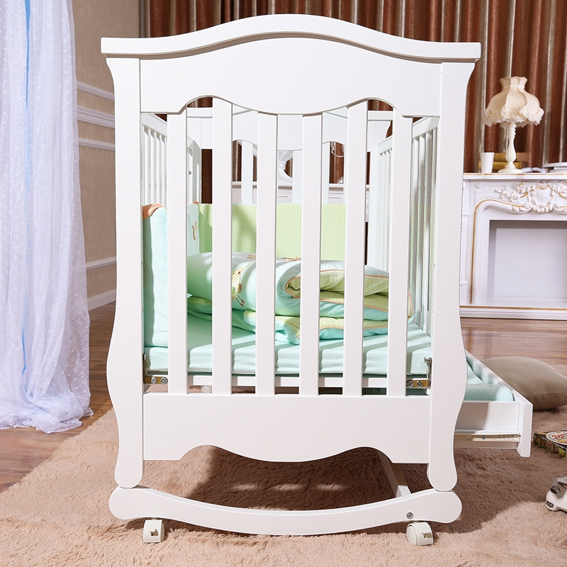 European white solid wooden bed cradle baby swing with storage drawers