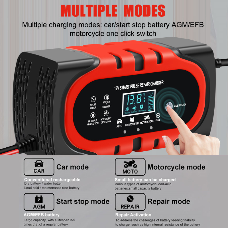 12V 10A Automatic fast 7-stage VRLA GEL AGM SLA 12V car battery charger with CE ROHS Pulse Repair lead acid battery charger