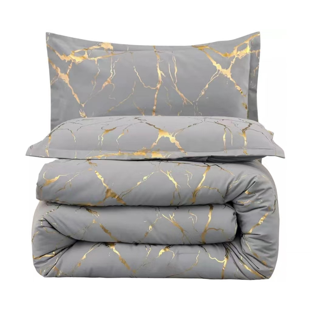 SUNWIN Popular Wedding Gold Metallic Marble Comforter Set King Size Foil Print Glitter Bedding Set